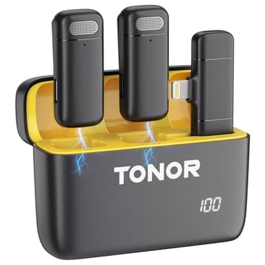TONOR Micrófono Lavalier para iPhone con Reducción Inteligente de Ruido, Mini micrófono con estuche de carga, batería de 48 h de duración, Bluetooth para streaming en directo, Vlogs, YouTube y TikTok