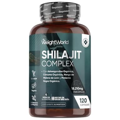 Shilajit Complex 18210mg, 120 Cápsulas, Con Ashwagandha, Melena de León y Cúrcuma - 16000mg de Shilajit en Polvo por Cápsula - 4 Meses de Suministro - Apto para Veganos, sin OGM