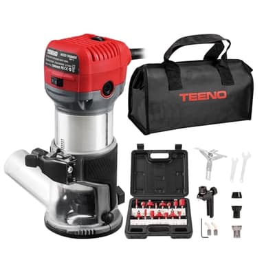 TEENO Fresadora De Madera Rebajadora Eléctrica 710W 13000-33000 RPM CON EXTRACTOR DE POLVO,15 piezas 1/4'' Alicates, 6 Velocidades Variables, Pinza De Base Fija De 6/6.35/8MM,Con Bolsa de lona