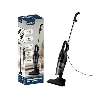 Kikasa Aspiradora Vertical con Cable sin Bolsa 2 en 1: Vertical y de Mano, Ligera y Potente 17 kPa, 600W, Depósito Transparente 1000 ml, Radio de acción 5,5 Metros, Incluye Accesorios, Filtro Lavable