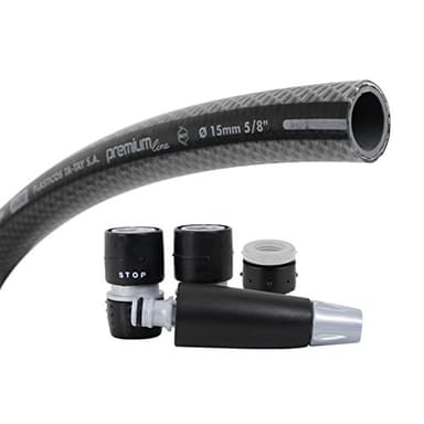 TATAY Kit Manguera de jardin Premium 10 metros Ø5/8" 15mm, de 4 Capas, Hecha en España, Resistencia 39 bares y +60°/-20°, Tricotado, Libre de Cadmio y Plomo, Libre de BPA, Anti-UV, Color Negro