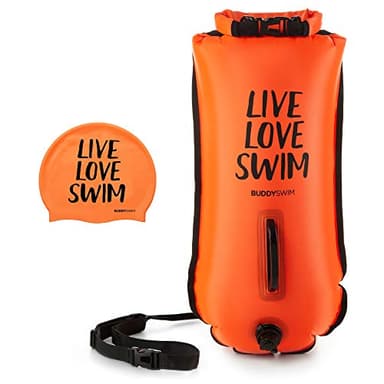 BUDDYSWIM Set Boya Natacion Aguas Abiertas 28 litros y Gorro de Natación. Boya de Natacion de Seguridad para Nadar en Aguas Abiertas con Bolsa Estanca Impermeable y Gorro de Silicona. Color Naranja.