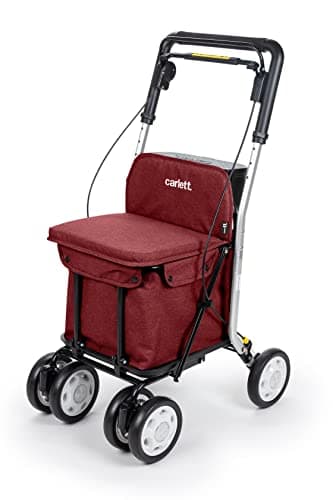 Carlett Andador y Carrito con Asiento Incorporado, Producto Médico Homologado EU, Bolsa Extraíble 29L/15kg, Bandeja Portaobjetos y Manillar Regulable, Plegable, Ruedas Ajustables, Comfort, Rojo