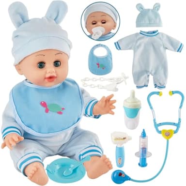 HERSITY Muñeco Bebe Niño Juguete con 12 Sonido, Muñecas Interactivas para Niñas con Abre y Cierra Automático los Ojos, Doctora Accesorios Juego de rol Regalos para Niños 2 3 Años