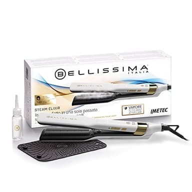 BELLISSIMA Imetec Steam Elixir, Plancha de pelo con vapor, alisa en una sola pasada sin dañarlo, revestimiento cerámica y aceite de Argán, calentamiento rápido, 4 temp, alfombrilla termoresistente