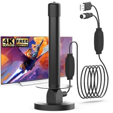 Antena TV Interior con Base Magnética y Amplificador – Señal 360° para Todos los Televisores – apta para iptv canales españa y aparato smart tv para television – Alta Definición 4K/1080P – Cable de 5M