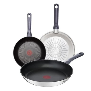 Tefal Daily Cook - Juego de Sartenes de 24/26/30 cm, Apto inducción, antiadherente, revestimiento titanio, Thermo-signal, apto lavavajillas y horno, acero inoxidable