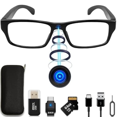 Mini Camara Espia Oculta Camuflada, Gafas con Camara Sin AGUJERO DE LENTE, FULL PACK (MicroSD 64GB C10 + Lector + OTG Type-C para Ver en el Móvil + Funda), Sin LUZ DE GRABACIÓN, Grabación en Bucle.