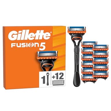 Gillette Fusion5 Maquinilla De Afeitar Hombre Con Recambios, 1 Mango y 12 Cuchillas De Afeitar Con 5 Hojas, Banda De Gel Lubricante y Recortadora De Precisión