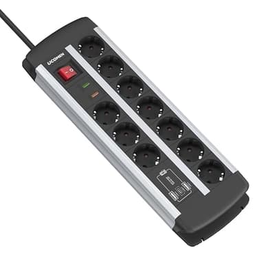 Regletas Enchufes 10 Tomas, Ladron Enchufes con USB C 20W, Enchufe Multiple Protección contra Sobretensiones, Protección contra Sobrecarga, Montable en Pared para hogar, Oficina, Sala de reuniones