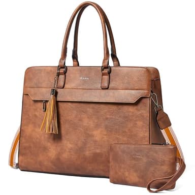 Shrrie Bolsa para laptop de 15.6 pulgadas para mujer, resistente al agua, bolsa de trabajo para laptop, maletín con cartera, Marrón bicolor, Large