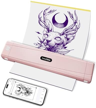 TATTMUSE Rosado Impresora de Tatuajes Bluetooth, Impresora de Tattoo Plantilla con 10 Unidades de Papel, Impresora de Transferencia con Smartphone PC, Impresora Térmica para Tatuajes Artistas