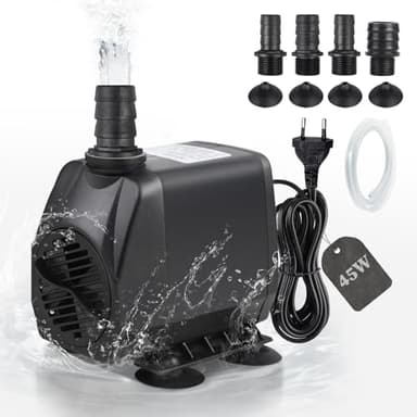 EXLECO Bomba Aguas Acuario Bomba Sumergible Aguas Sucias max. 2500L/H 45W 220V Bomba Fuente Exterior Bomba Estanque Bomba Achique Aguas Pequeña para Jardin Filtración, con 1 Manguera 4 Boquillas