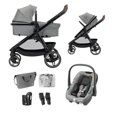 Maxi Cosi Zelia Select Trio, Cochecito de Bebé 3 en 1 con Silla de Coche, 0-4 Años (0-22 kg), Plegado con una mano, Compacta y Reversible, con Silla Coche Bebé CabrioFix S i-Size incluida, Gris