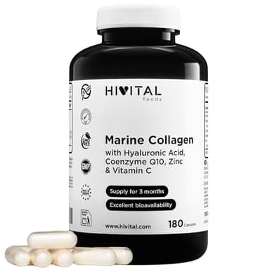 Colágeno Marino con Ácido Hialurónico, Coenzima Q10, Vitamina C y Zinc. 180 cápsulas para 3 meses de tratamiento. A base de 900 mg de péptidos de Colágeno Marino Hidrolizado. De HIVITAL