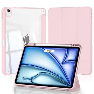 4UBonLife Funda para iPad Air 11 Pulgadas M4/M3/M2 (2026/2025/2024), iPad Air 5.ª / 4.ª Gen 10,9" con Portalápiz, Carcasa Protectora Antigolpes, Cubierta Trasera Rígida Transparente, Rosa