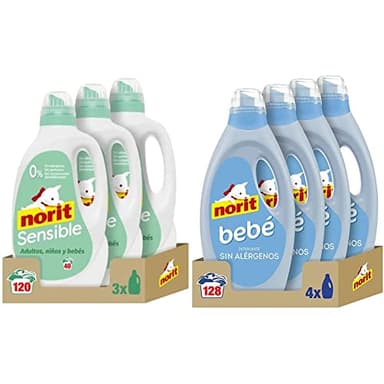 NORIT Sensible - Detergente Líquido Hipoalergénico sin perfume,Pack de 3 X 2120 Ml, 6360 Mililitros & Bebé - Detergente Líquido para Ropa de Bebé, Pack de 4 Unidades de 1125 Mililitros,4500 Mililitros