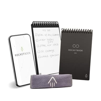 Rocketbook Mini cuaderno inteligente reutilizable de bolsillo de 8,9 x 14 cm, color negro, 48 páginas punteadas, conectividad de aplicaciones, borrable, ideal para listas y notas sobre la marcha