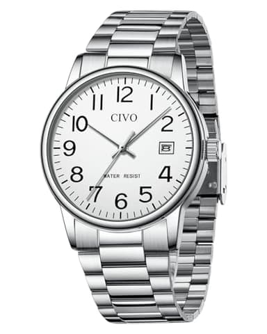 CIVO Reloj Hombre de Pulsera Acero: Analógico Relojes Cuarzo Calendario - Elegante Reloj Caballero Plata Clásico Blanco Regalo