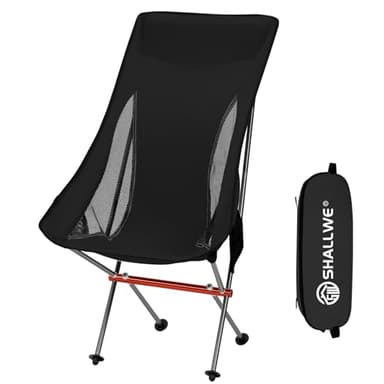SHALLWE Silla de camping plegable ultraligera con respaldo alto, estructura de aluminio mejorada de 58 cm de ancho, almohada integrada, bolsillo lateral y bolsa de transporte, compacta y resistente