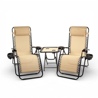 Pincho Tumbona Jardin Exterior Plegable de Gravedad Cero - Pack 2 Sillas Reclinables o Hamacas para Playa, Terraza y Camping con Portavasos, Ligeras y Cómodas (Beige con Mesa Plegable)