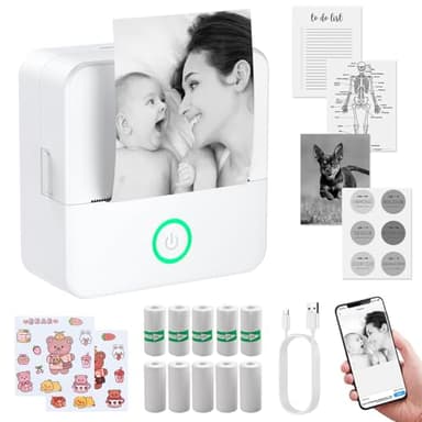 eSynic Mini Impresora para Movil, Impresora Fotográfica Portátil con 10 Rollos de Papel Mini Impresora Térmica Conexión Bluetooth Sin Tinta para Fotos, Diarios, Notas de Estudio