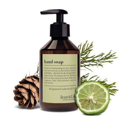 Jean & Len Jabón de manos Jean & Len Bergamota y Cedro, limpia las manos estresadas, apto para uso diario, jabón líquido en dispensador de bomba, refrescante fragancia cítrica, vegano, 250 ml