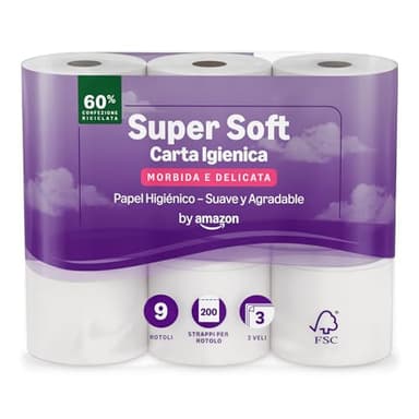by Amazon Papel higiénico, 3 capas, 9 rollos (paquete de 1), 200 hojas por rollo, certificado FSC