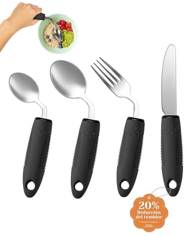 CuraVita - Set de Utensilios Adaptativos (4 Piezas) - Cubiertos Pesados de 3 oz y 42° de Inclinación para Parkinson, Temblores en las Manos y Artritis (Para Diestros)
