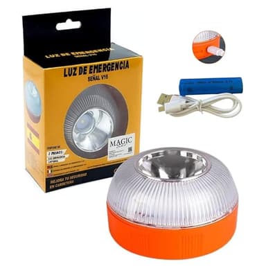 MAGIC SELECT Luz de Emergencia V16 para Señalización en Carretera de Coche y Moto. Luz Amarilla Intermitente y Blanca Fija con Encendido Automático, Base Imantada y Batería Recargable. No GPS.