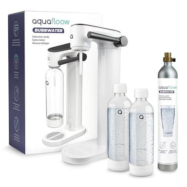 AquaFloow Carbonatador de Agua con 2 Botellas de 0,8L y Cilindro CO2 de 60L | Máquina para Hacer Soda sin Electricidad | Sparkling Water Maker con Botellas Reutilizables – Blanco