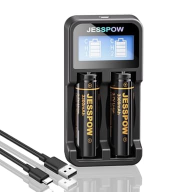 3.7 Volt Pilas 18650 Recargables con Cargador, 3300mAh Top Plana Li-Ion Recargable Batería Adecuado para Linternas, Cámaras, Ventiladores Pequeños (Paquete de 2)