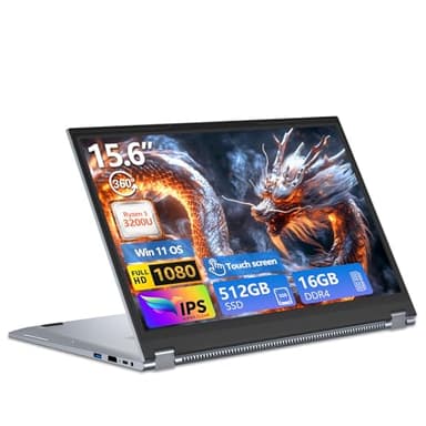 Ordenador Portátil 2 en 1, PC Portátil R3 3200U CPU, Win 11 Portatil 16 GB RAM 512 GB SSD, 15,6 Pulgadas Laptop Pantalla Táctil Giro de 360°, Radeon Graphics GPU, RJ45+TipoC+USB 3.0+Mini-HDMI+Webcam
