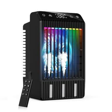 Aire Acondicionado Portatil con Pantalla, Climatizador Evaporativo 4 EN1 De 1000 Ml Tanque, con Mando, Mini Enfriador de Aire con Doble PulverizacióN y Luz de 7 Colores, Temporizadores de 2-12 H