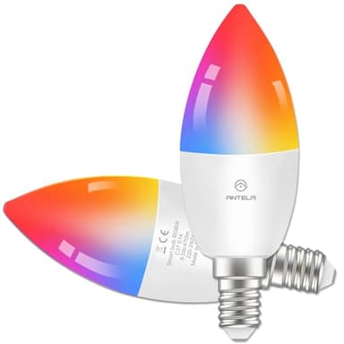 ANTELA Bombilla Inteligente LED WiFi Compatible con Alexa/Google Home, 4.5W 385LM E14 RGB Regulable 16 Millones de Colores Blanco Cálido/Frío 2700K-6500K RA80,2PCS