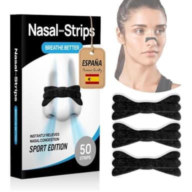 50 Tiras Nasales Deportivas Negras y Antironquidos, 50 Unidades, Mejora la Respiración al Dormir, Correr y Mejora tu Rendimiento, Adhesivas, Cómodas y Efectivas Antirronquidos