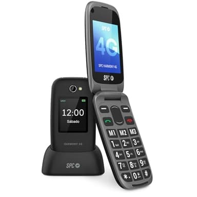 SPC Harmony 4G – Teléfono móvil de tapa para Mayores de teclas grandes, Fácil de Usar, Compatible audífonos, configuración remota, botón SOS, Volumen Timbre Alto, Base de Carga, Negro