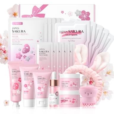 LAIKOU Set de Cuidado Facial Sakura,11 Piezas Skincare Kit Pack Regalo Mujer para Rutina Facial, con Limpiador Tónico Sérum Crema Mascarilla Hidratante Cinta Cabello Cepillo de Limpieza Face