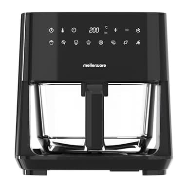 MELLERWARE - Freidora de Aire Crunchy Glass 1450W | Cestillo Cristal 4,5L | 9 Programas + Precalentar | Pantalla Táctil | Temp 80-200ºC | Temporizador 60 min | Apta Lavavajillas