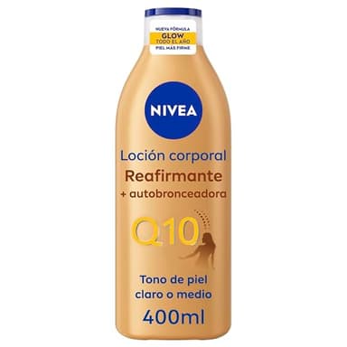 NIVEA Q10 Loción Corporal Reafirmante + Autobronceadora (400 ml), crema hidratante corporal con coenzima Q10, crema bronceadora para tono de piel claro a medio