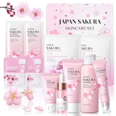 11 Piezas Sakura Set de Cuidado de la Piel con Limpiador,Tónico,Crema para Ojos,Suero,Crema Facial,Set De Cuidado De La Piel Sakura,Kit Sakura Cuidado de la Piel Mujer para Adolescentes y Mujeres