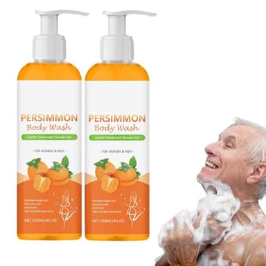 Gel de Baño de Caqui, Paquete de 2 Gel de Ducha de Caqui y Té Verde de Limpieza Profunda, Gel de Ducha Natural para Ancianos, Eliminador Purificador Hidratante, para Eliminar el Olor de Pies y Cuerpo