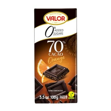 Valor - Chocolate Negro 70% con Naranja y Sin Azúcares Añadidos. Chocolate intenso y equilibrado. Todo el placer sin azúcar. Sin glúten y apto para Diabéticos - 100 Gramos