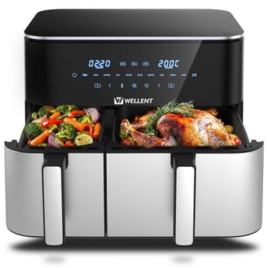 WELLENT 11L Air Fryer con Doble Cestas(4+7L) - 2600W Freidora Aire con Doble Resistencia - Airfryer Multifuncional con 10 Programas Preestablecidos, Pantalla Táctil, Fácil de Limpiar