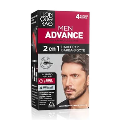 Llongueras – Men Advance, Gel Crema Colorante 2 en 1, para Cabello y Barba-Bigote, con Aceite de Jojoba, Coloración Masculina, Nutre e Hidrata, Acabado Natural en 5 Minutos, Tono 4, Castaño Natural