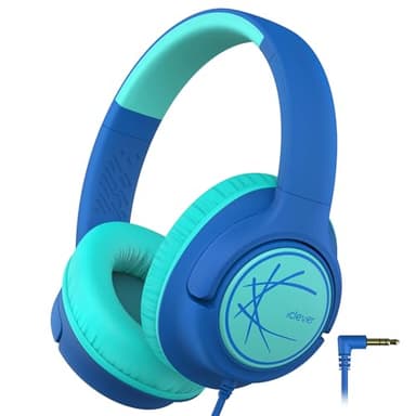 iClever Auriculares Niños, Casco con Cable para Niños, Límite de Volumen Seguro de 85dBA, Sonido Estéreo, Ajustables y Plegables, Jack de 3,5 mm, Auriculares Niño para Escuela/Viajes/Tablet/PC, Azul
