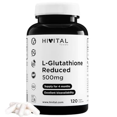 Glutation 500 mg Reducido al 98%. 120 cápsulas veganas para 4 meses de tratamiento. Elaborado con la molécula de Glutatión que tiene la mejor absorción. Fabricado en España por HIVITAL