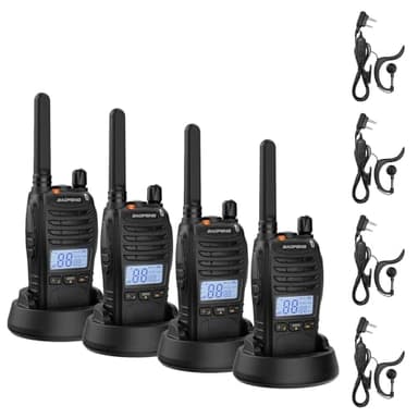BAOFENG BF-88ST Pro PMR446 Walkie Talkie, Radio bidireccional Recargable de Largo Alcance Mejorada sin Licencia con Pantalla LCD, Reloj Dual VOX, Cargador de Escritorio y Auriculares, Paquete de 4