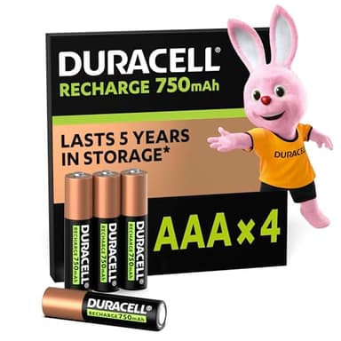 Duracell pilas recargables AAA (Paquete de 4), 750 mAh NiMH, 1000 ciclos de recarga, precargadas, gran duración, con 0% plástico 100% embalaje reciclable