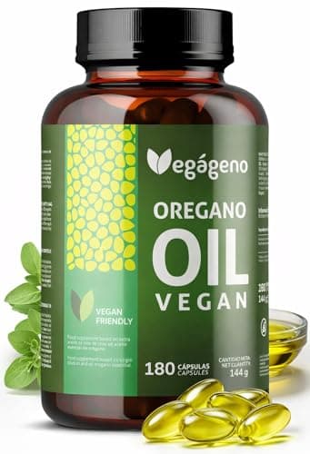 Aceite de Orégano Puro 180 Cápsulas con Omega 9. 200 mg por Cápsula - 170 mg de Carvacrol. Beneficios para el Sistema Inmunológico, Prensado en Frío, GMO FREE. Sin Gluten. Apto para Veganos